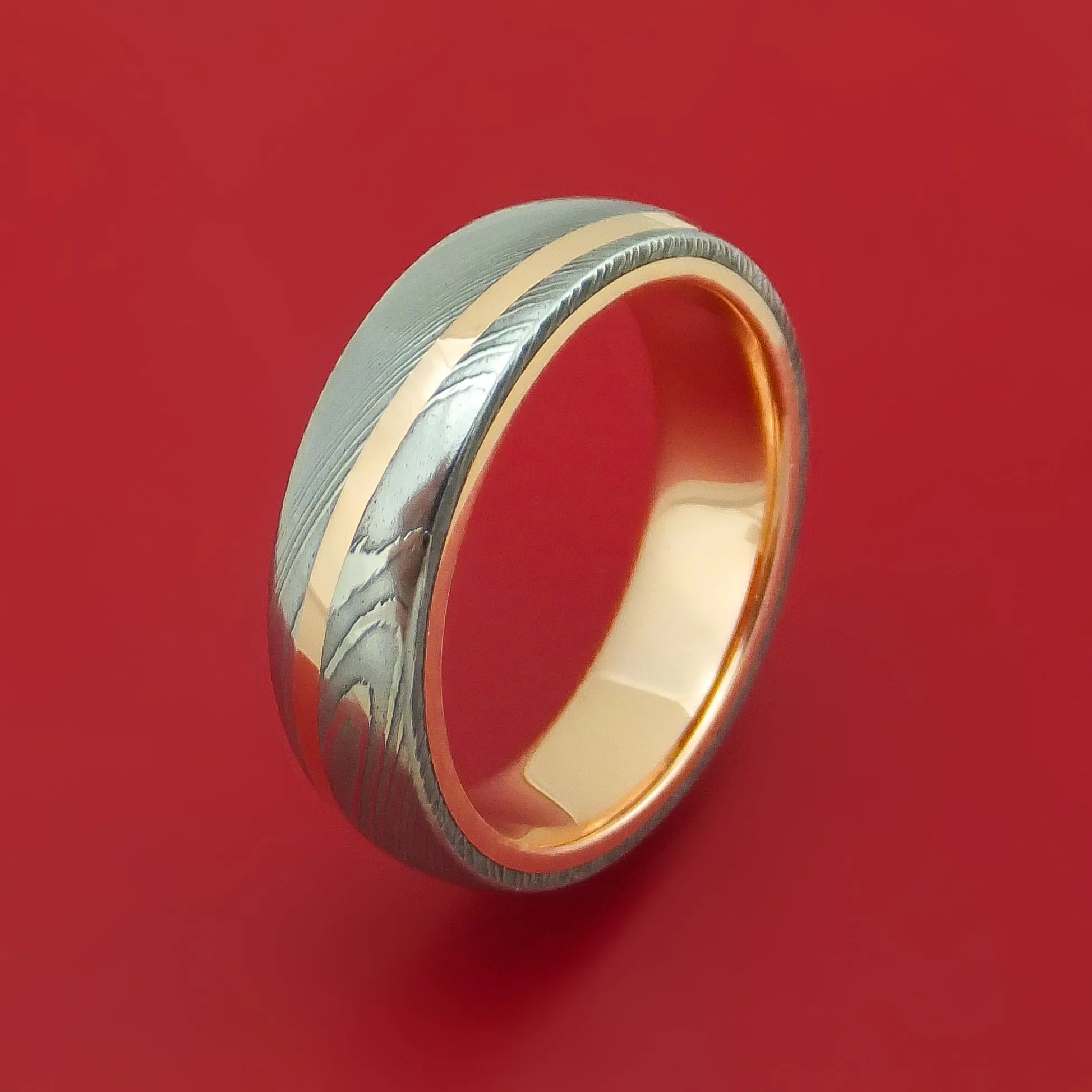Damascus Steel Ring with 14k Rose Gold Inlay and Interior 14k Rose Gold Sleeve Custom Made Band