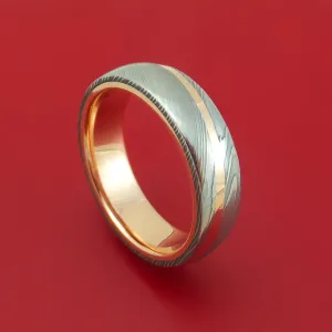 Damascus Steel Ring with 14k Rose Gold Inlay and Interior 14k Rose Gold Sleeve Custom Made Band