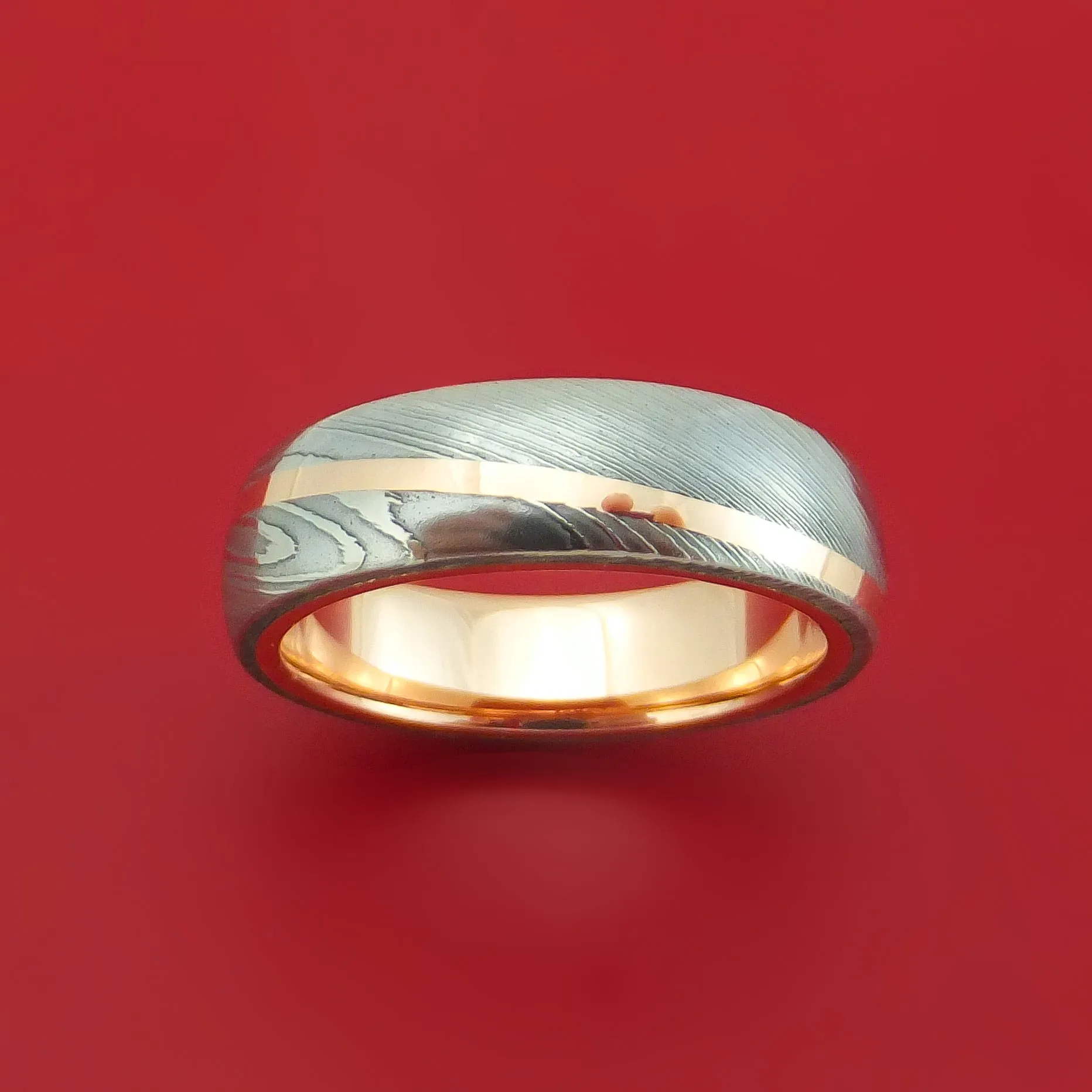 Damascus Steel Ring with 14k Rose Gold Inlay and Interior 14k Rose Gold Sleeve Custom Made Band