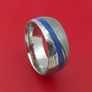 Damascus Steel Ring with Angled Lapis Inlay Custom Made Band