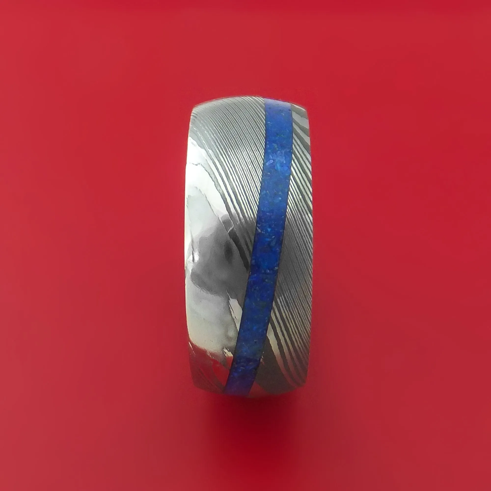Damascus Steel Ring with Angled Lapis Inlay Custom Made Band