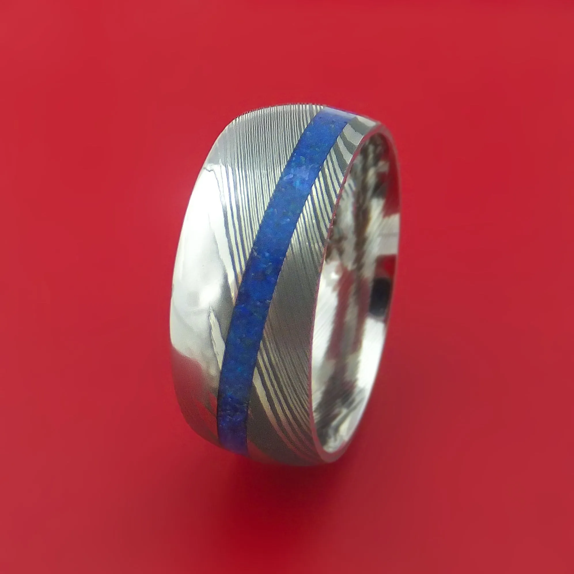 Damascus Steel Ring with Angled Lapis Inlay Custom Made Band