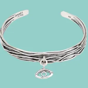 Designer sterling silver bangle cuff bracelet with and evil eye for protection