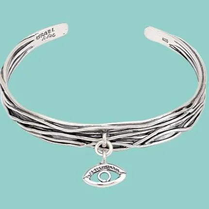 Designer sterling silver bangle cuff bracelet with and evil eye for protection