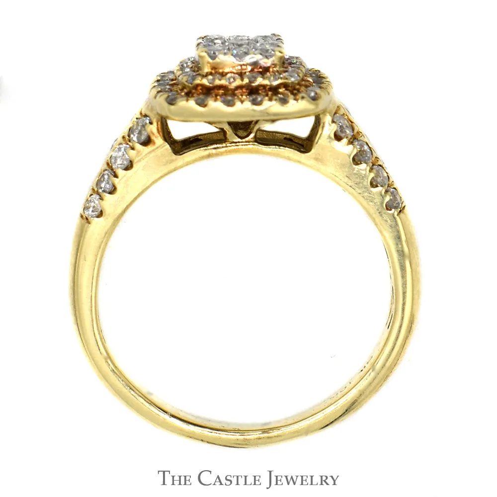 Diamond Cluster Engagement Ring with Double Diamond Halo and Accents in 10k Yellow Gold