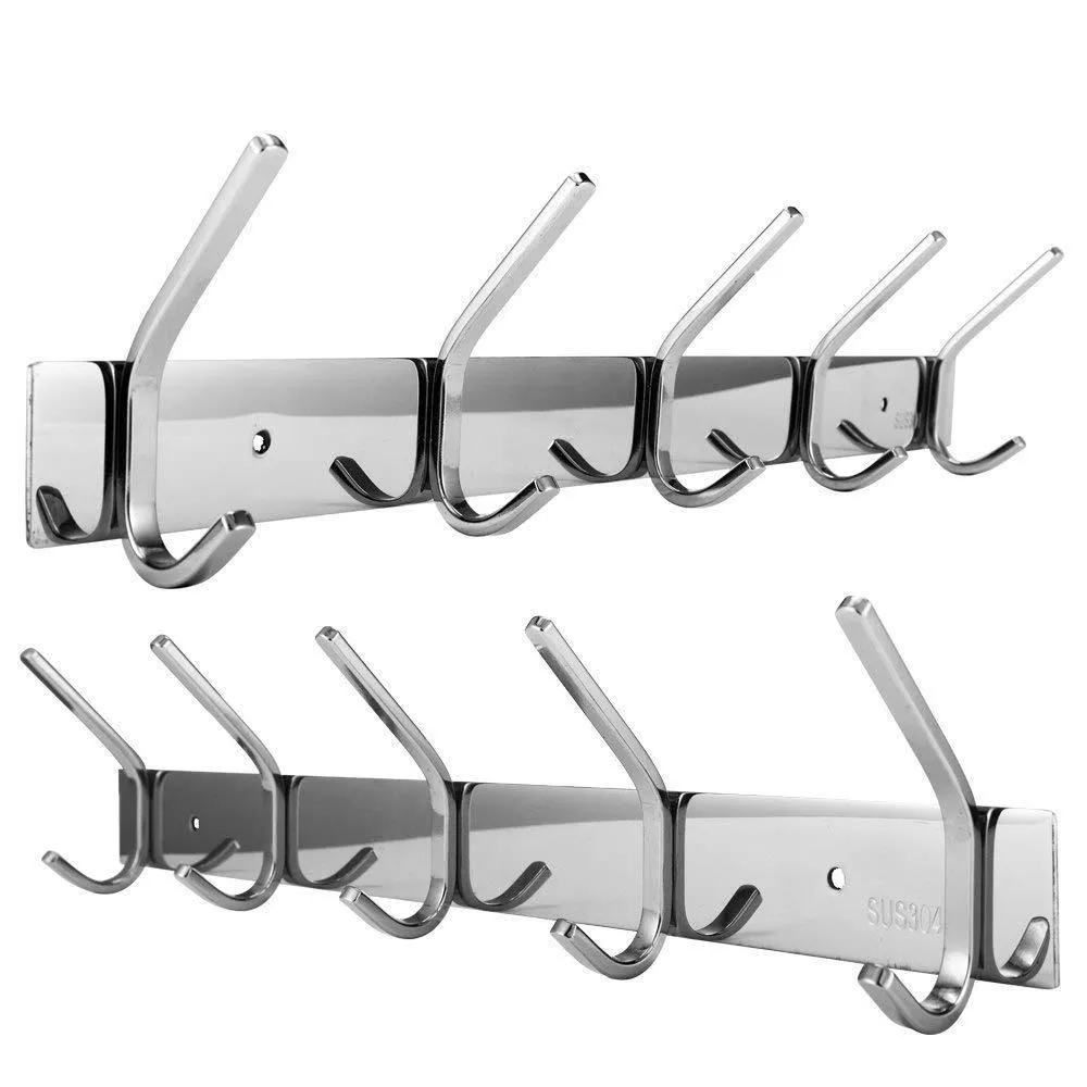 Dosens Coat Hook Rack Wall Mount SUS-304 Stainless Steel Hanger Clothes Hat Holder 10 Hooks 2-pack