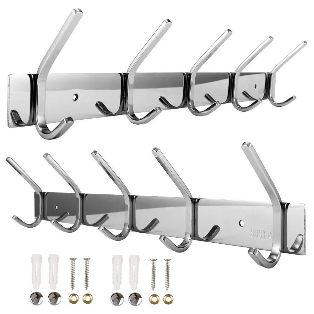 Dosens Coat Hook Rack Wall Mount SUS-304 Stainless Steel Hanger Clothes Hat Holder 10 Hooks 2-pack