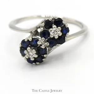 Double Sapphire Flower Cluster Ring with Diamond Accents in 14k White Gold