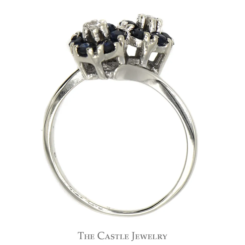 Double Sapphire Flower Cluster Ring with Diamond Accents in 14k White Gold