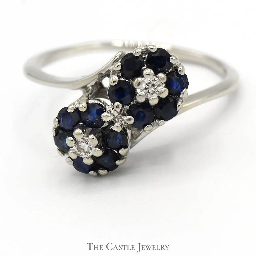 Double Sapphire Flower Cluster Ring with Diamond Accents in 14k White Gold