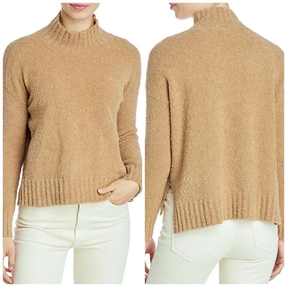 EILEEN FISHER L Organic Cotton Boucle Mock Neck Turtleneck Box Top in Honey Tan