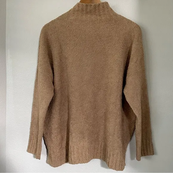 EILEEN FISHER L Organic Cotton Boucle Mock Neck Turtleneck Box Top in Honey Tan