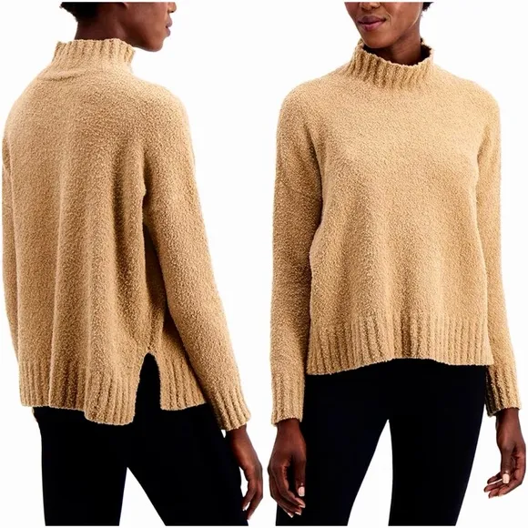 EILEEN FISHER L Organic Cotton Boucle Mock Neck Turtleneck Box Top in Honey Tan