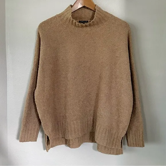 EILEEN FISHER L Organic Cotton Boucle Mock Neck Turtleneck Box Top in Honey Tan