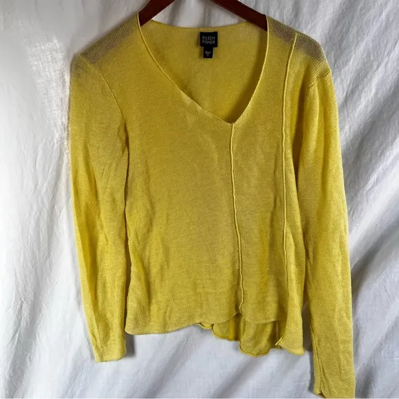Eileen Fisher Limelight Yellow Linen Asymmetrical Seam Out Boxy Sweater Top S