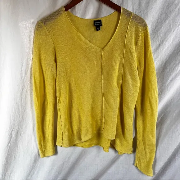 Eileen Fisher Limelight Yellow Linen Asymmetrical Seam Out Boxy Sweater Top S