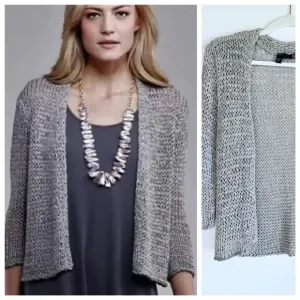 Eileen Fisher Petite Chunky Open Knit 3/4 Sleeve Cardigan in Marled Gray Size PL