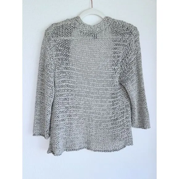 Eileen Fisher Petite Chunky Open Knit 3/4 Sleeve Cardigan in Marled Gray Size PL