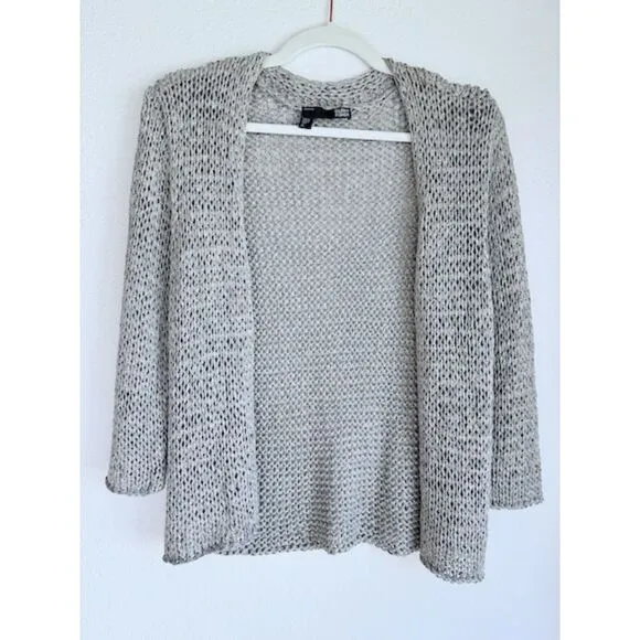 Eileen Fisher Petite Chunky Open Knit 3/4 Sleeve Cardigan in Marled Gray Size PL
