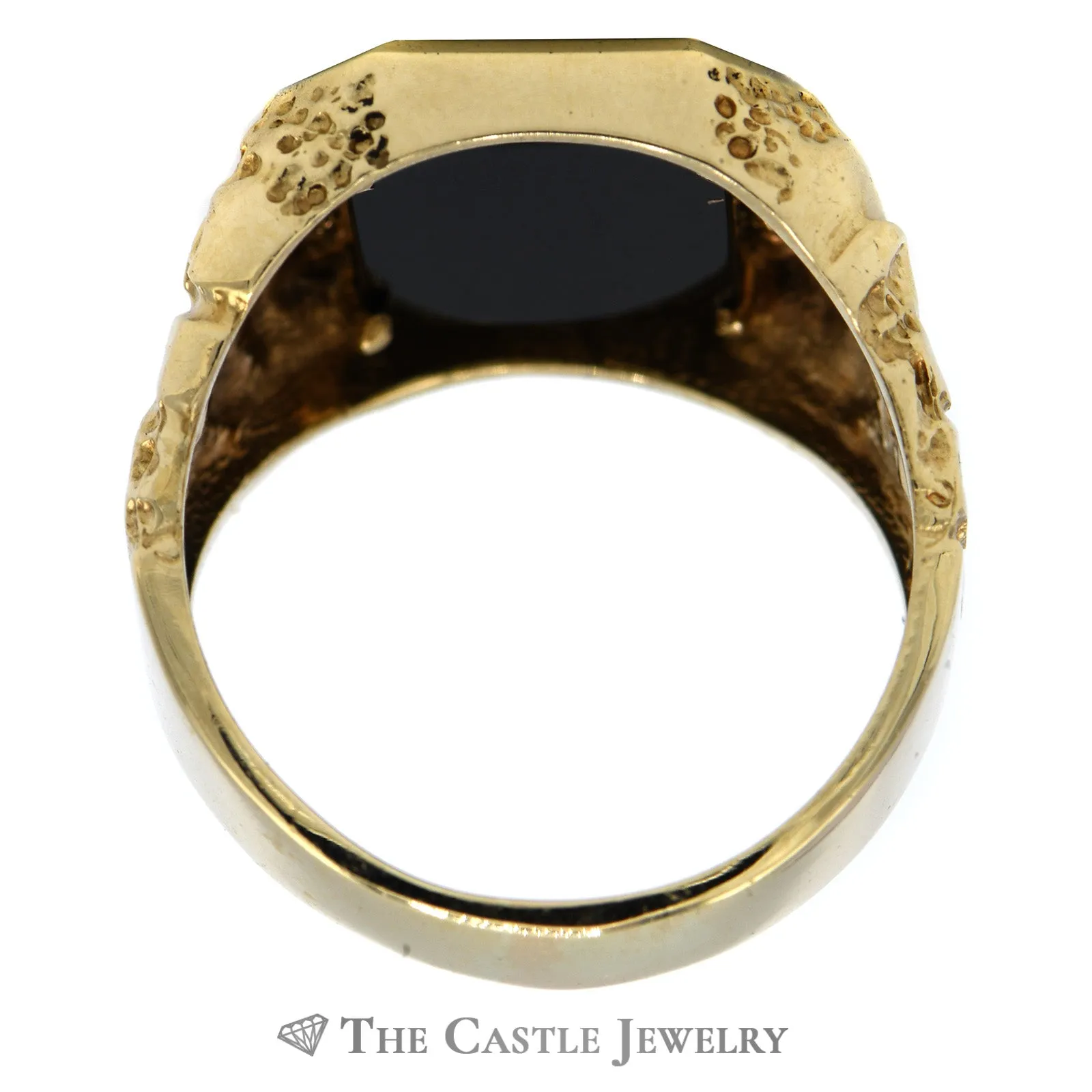 Emerald Cut Black Onyx Ring with Diamond Accents in 10k Yellow Gold Nugget Mounting