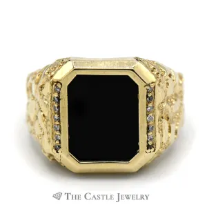 Emerald Cut Black Onyx Ring with Diamond Accents in 10k Yellow Gold Nugget Mounting