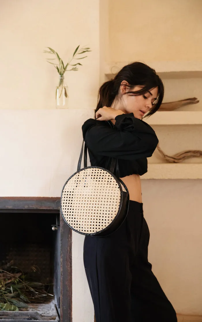Emila Round Handbag in Black Rattan