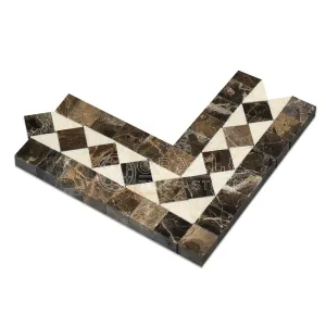 Emperador Dark Spanish Marble BIAS Border Corner with Crema Marfil Marble Dots, Polished
