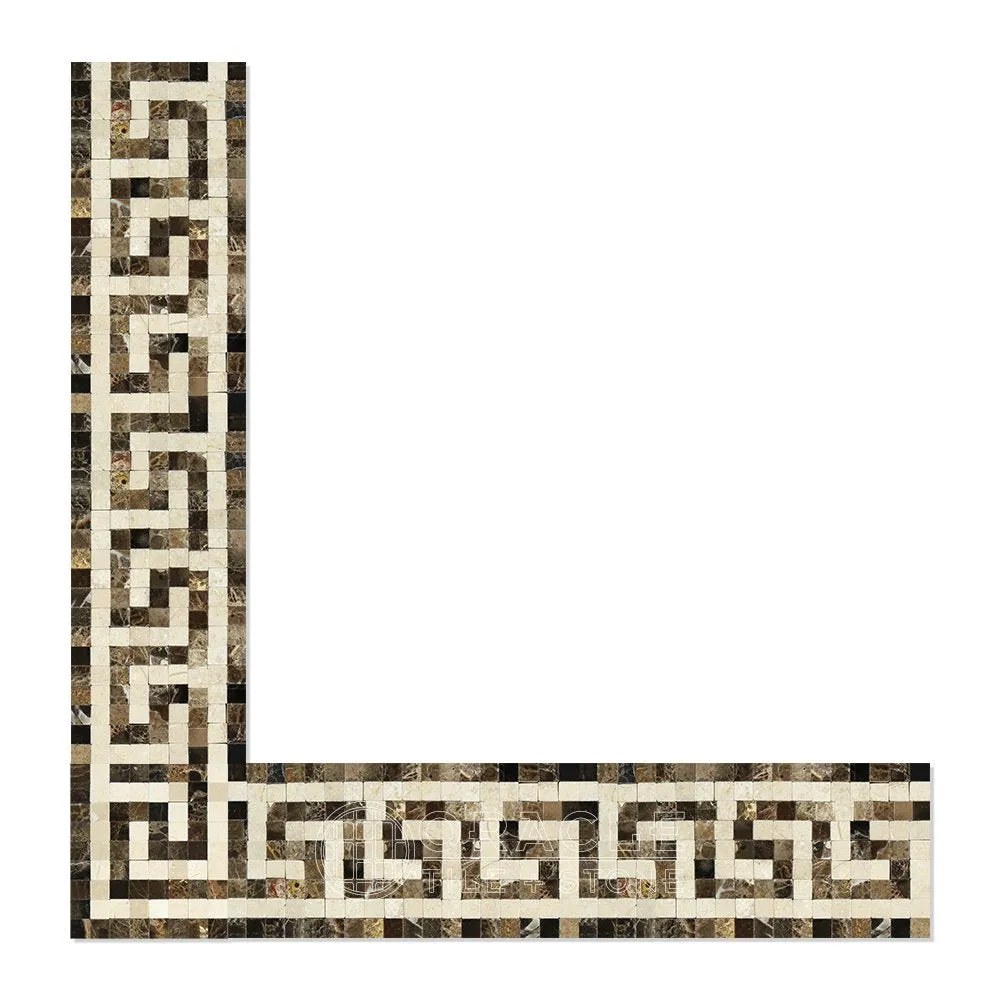 Emperador Dark Spanish Marble Greek Key Border Corner with Crema Marfil Marble, Polished
