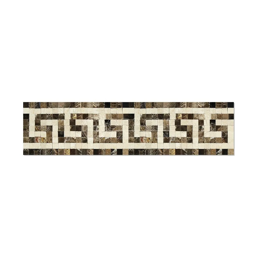 Emperador Dark Spanish Marble Greek Key Border with Crema Marfil Marble, Polished