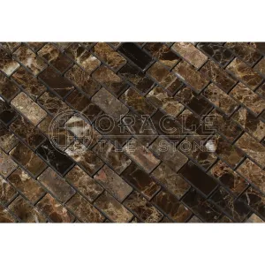 Emperador Dark Spanish Marble Mini Herringbone Mosaic Tile, Polished