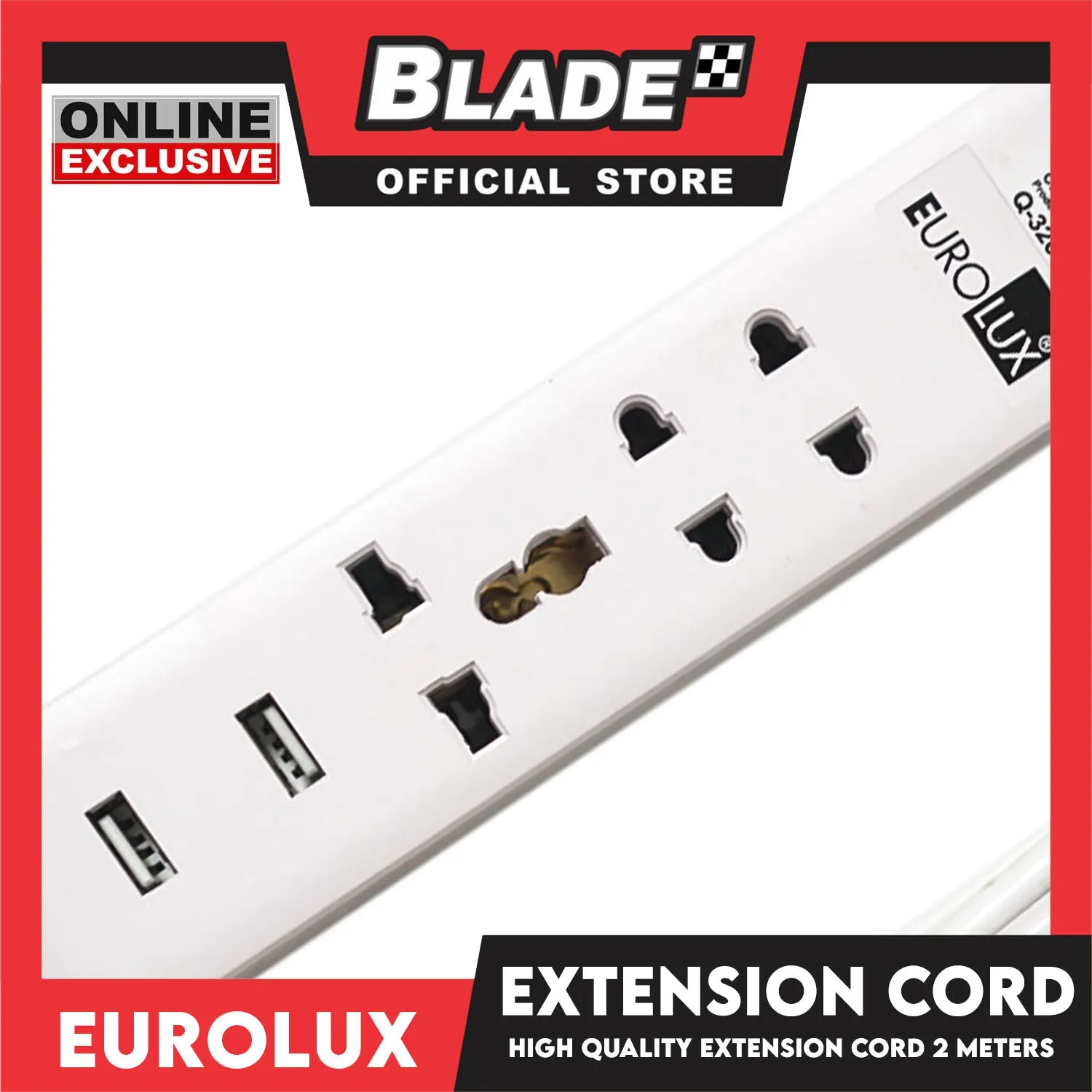 Eurolux 2Meters Extension Cord 3 Outlet 2 USB Periquet Universal Plug Wall Mount for Home Office and Dorm