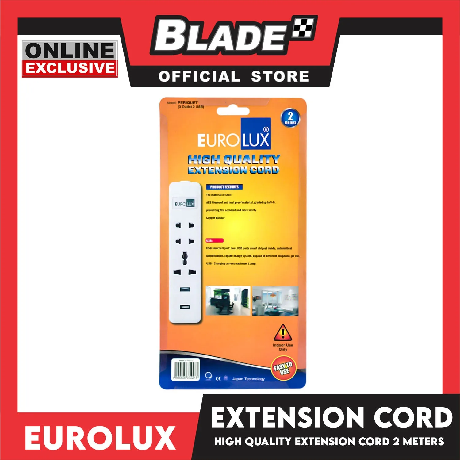 Eurolux 2Meters Extension Cord 3 Outlet 2 USB Periquet Universal Plug Wall Mount for Home Office and Dorm