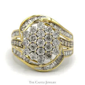 Flower Shaped 1cttw Diamond Cluster Ring with Channel Set Baguette Accents  in 10k Yellow Gold