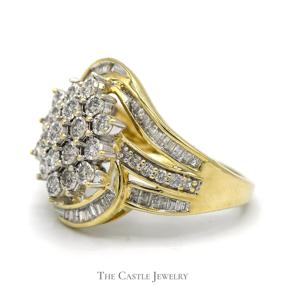 Flower Shaped 1cttw Diamond Cluster Ring with Channel Set Baguette Accents  in 10k Yellow Gold