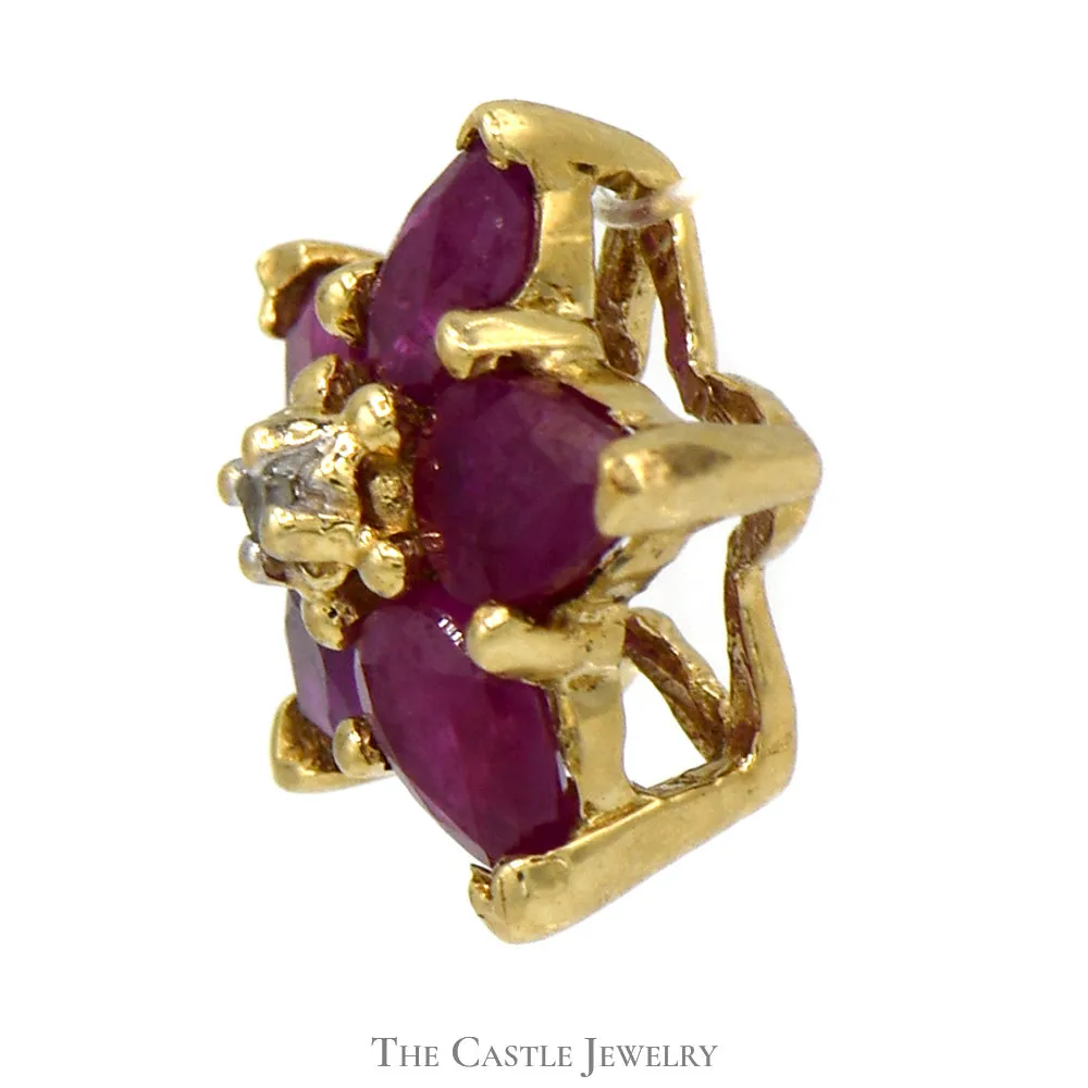 Flower Shaped Ruby Cluster Pendant with Diamond Accent in 10k Yellow Gold