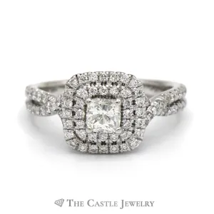 Gabriel & Co. Cushion Cut Diamond Engagement Ring with Double Diamond Halo and Diamond Accented Split Shank Sides in 14k White Gold