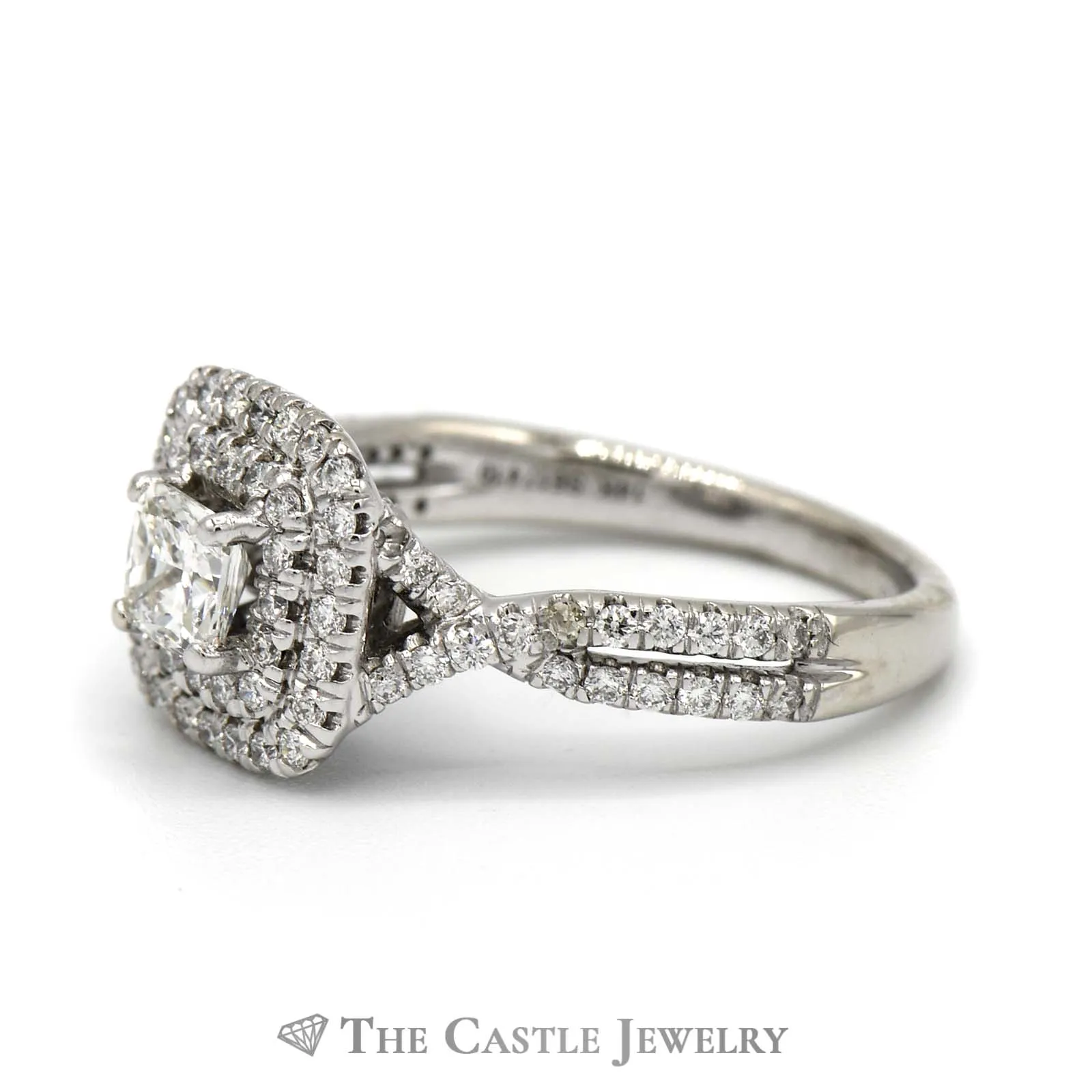 Gabriel & Co. Cushion Cut Diamond Engagement Ring with Double Diamond Halo and Diamond Accented Split Shank Sides in 14k White Gold