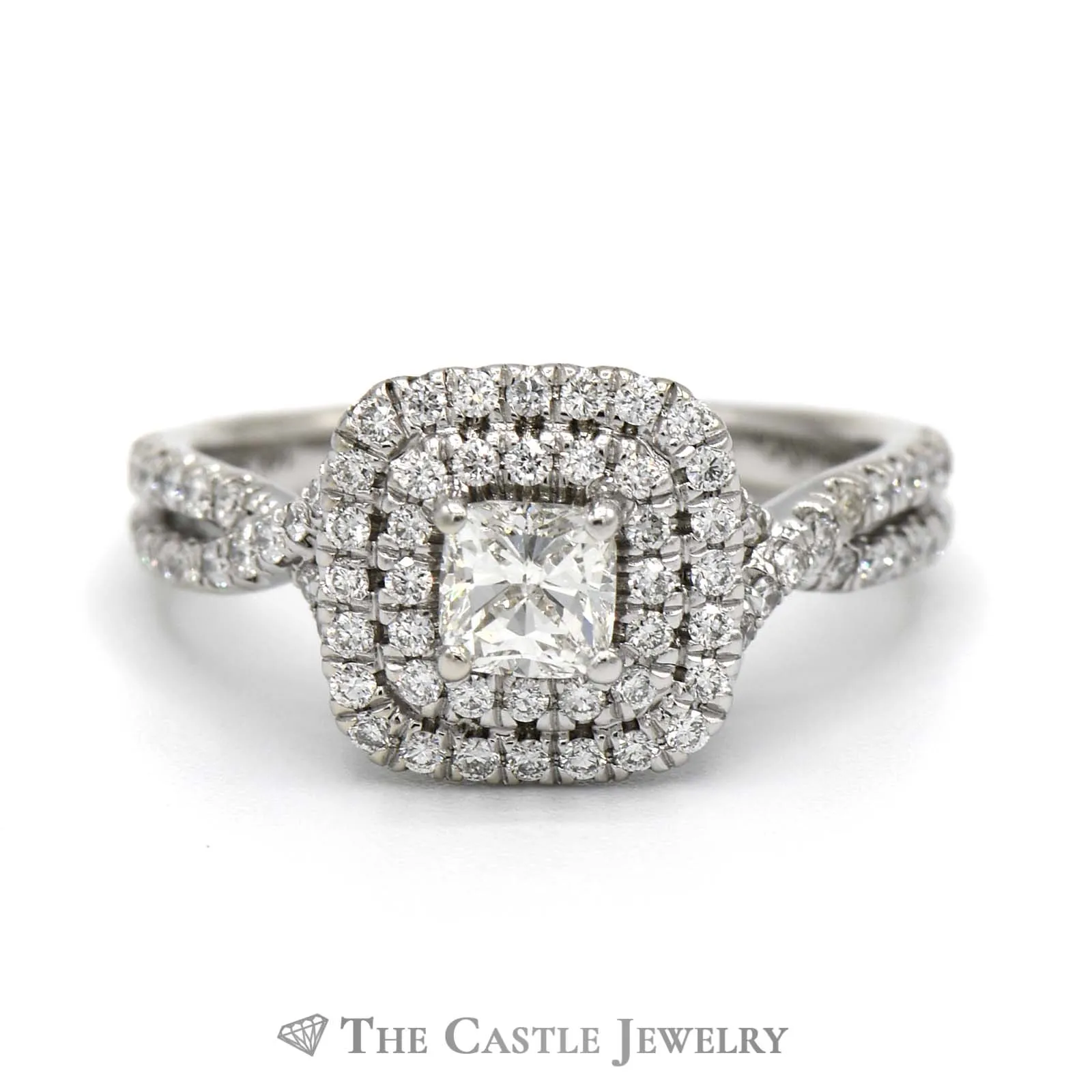 Gabriel & Co. Cushion Cut Diamond Engagement Ring with Double Diamond Halo and Diamond Accented Split Shank Sides in 14k White Gold