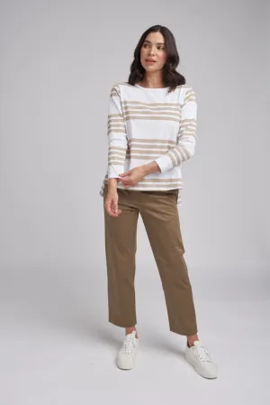 Goondiwindi Cotton Boxy Stripe Tee with Long Back - White/Hummus