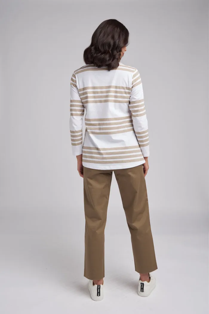 Goondiwindi Cotton Boxy Stripe Tee with Long Back - White/Hummus