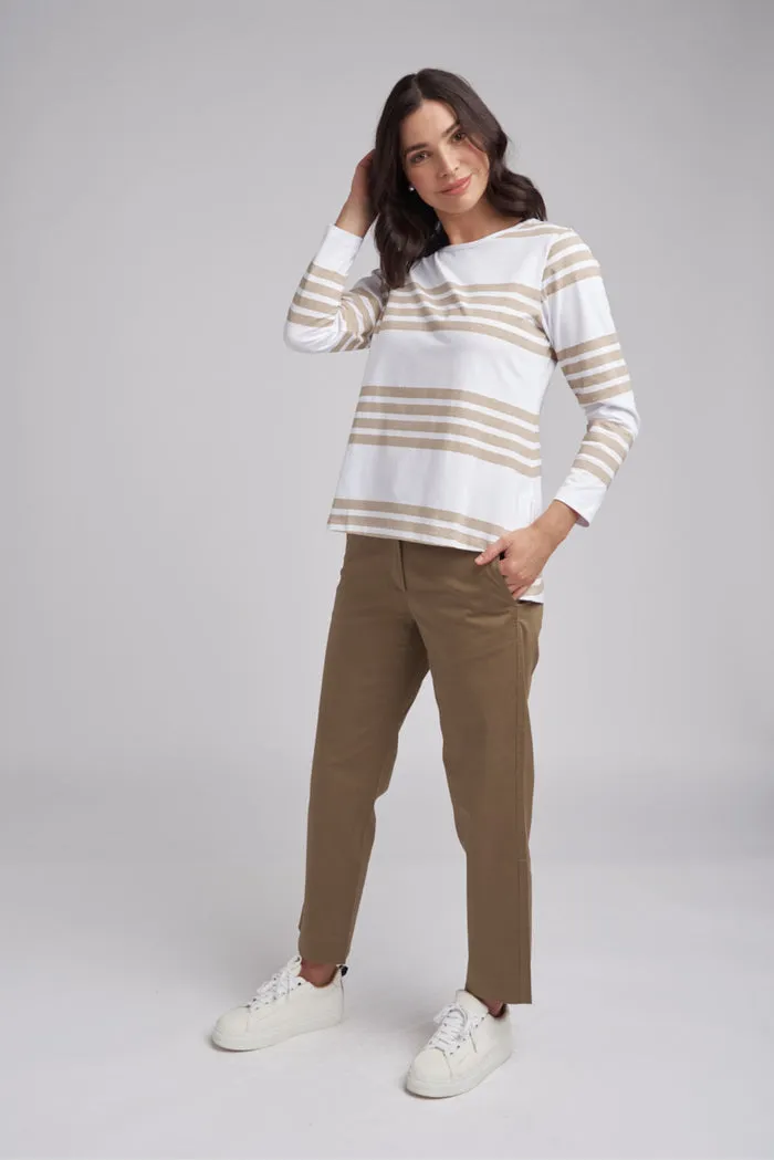 Goondiwindi Cotton Boxy Stripe Tee with Long Back - White/Hummus