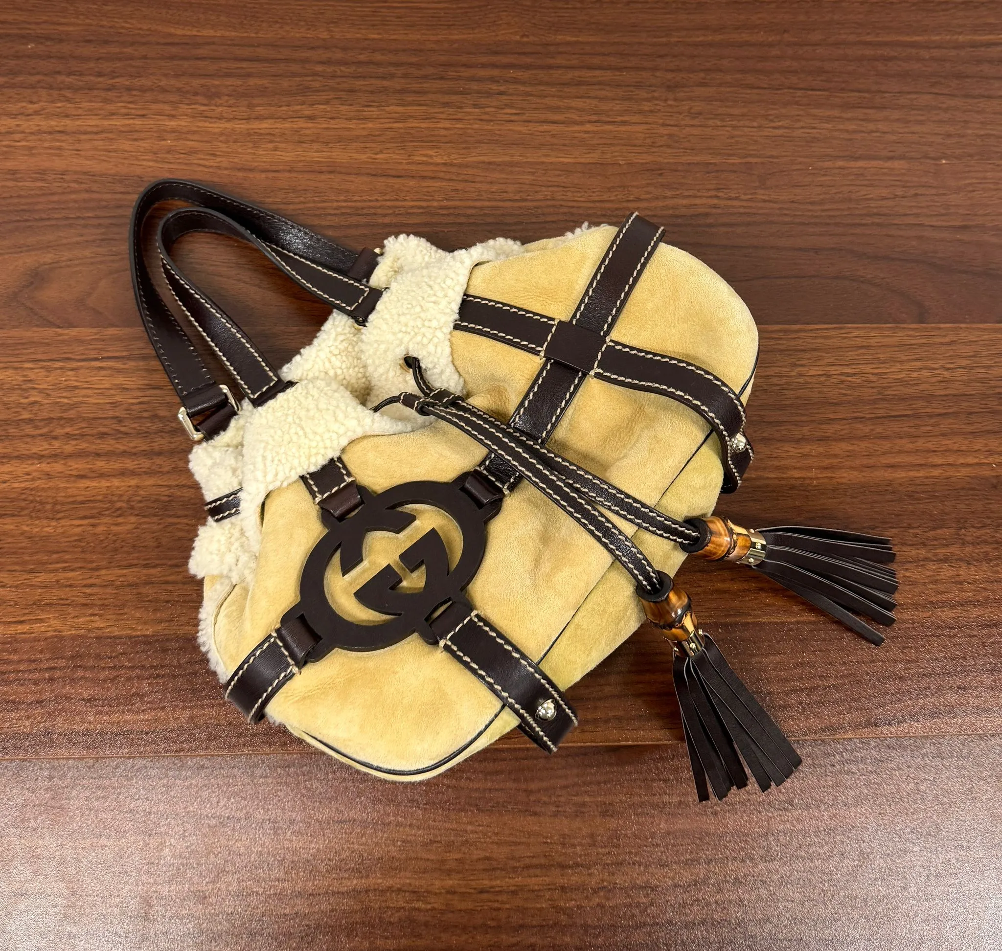 Gucci Brown Suede Shearling Shoulder Bag