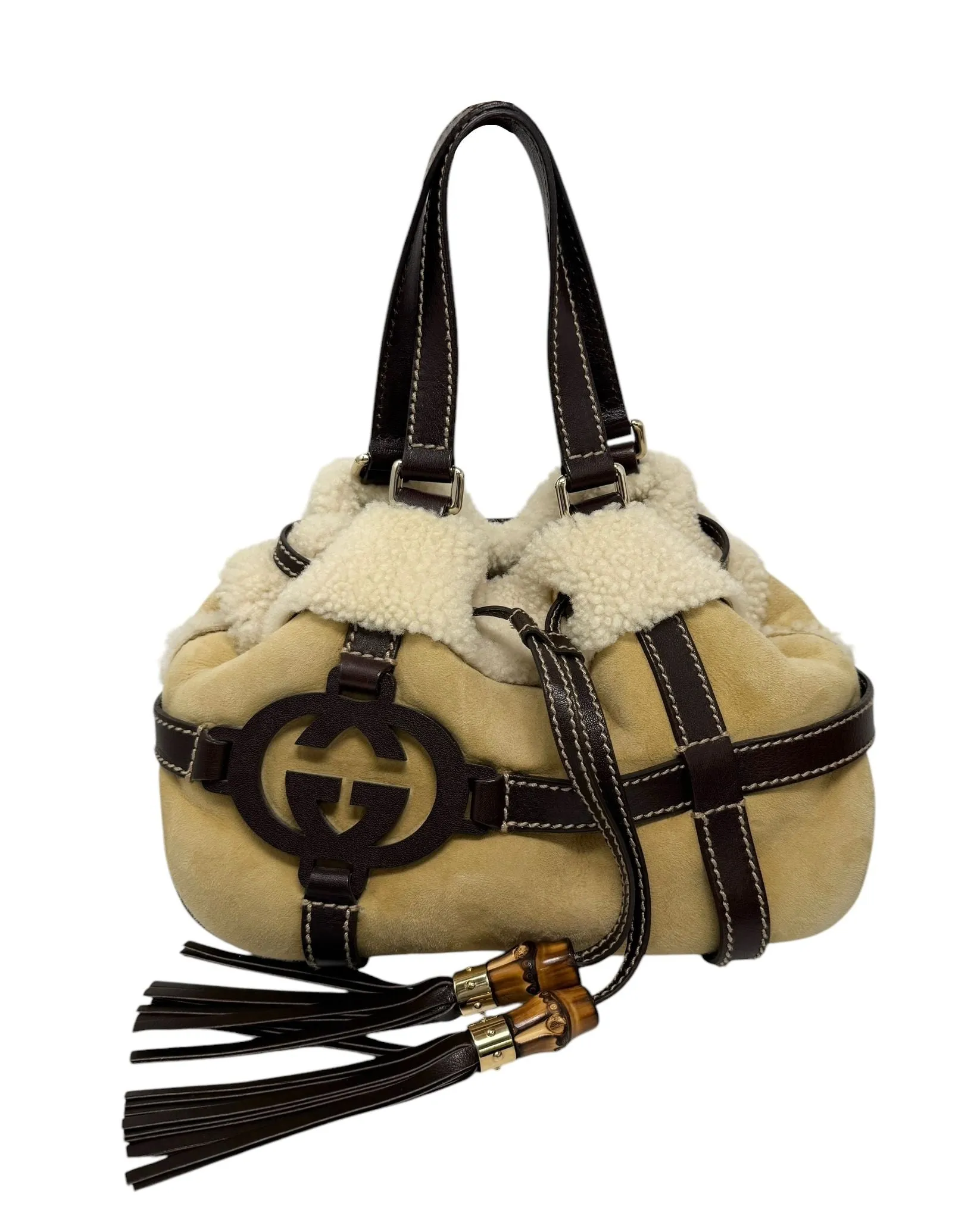 Gucci Brown Suede Shearling Shoulder Bag