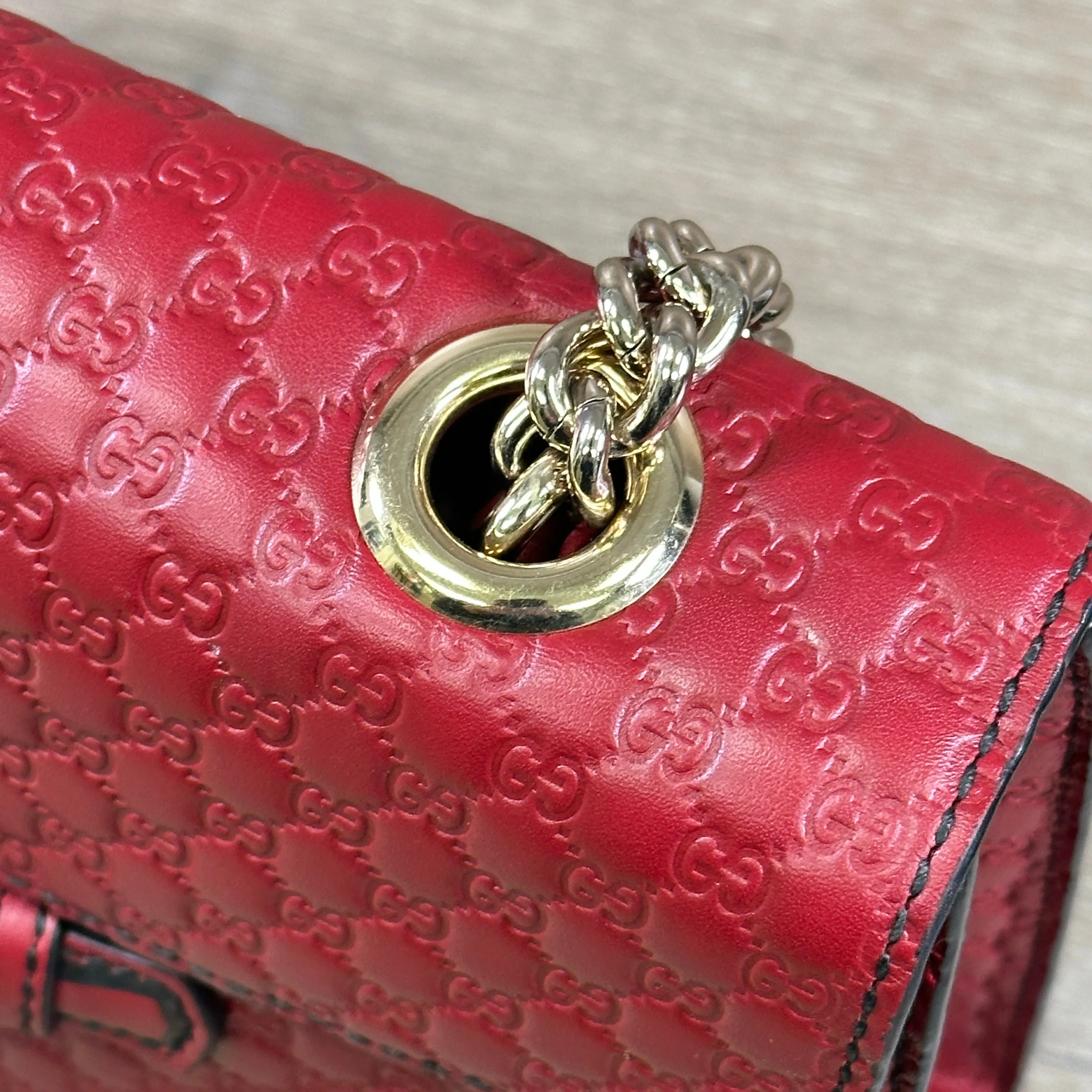 Gucci Emily Chain Flap Shoulder Bag - Red Micro Guccissima Leather (Medium)