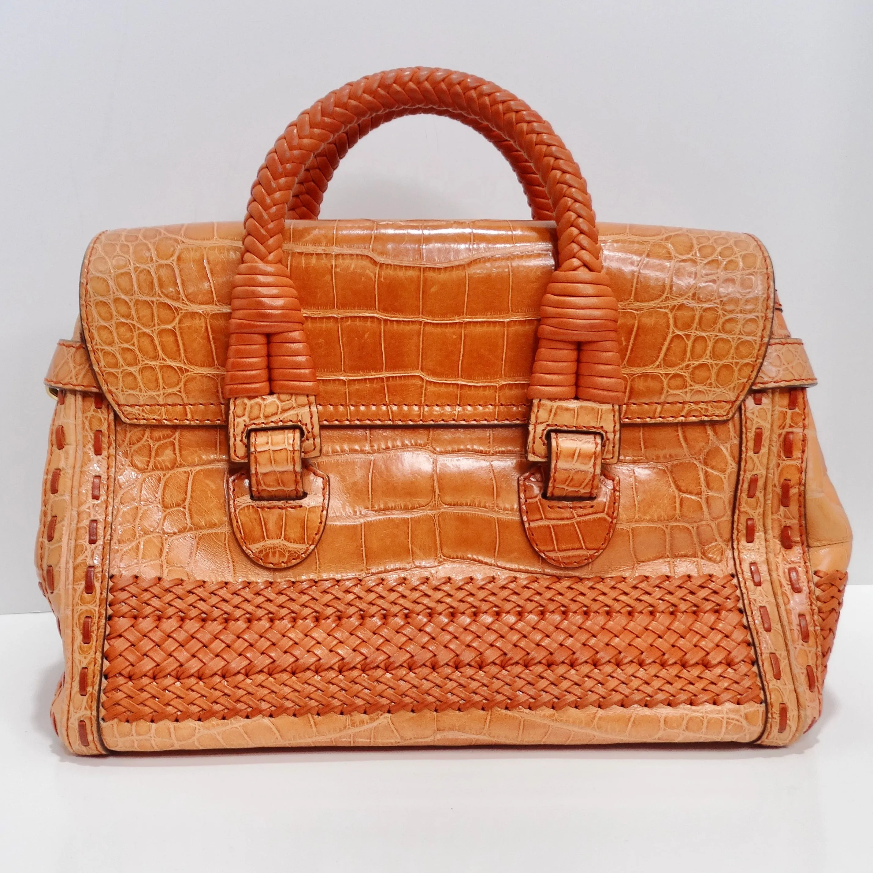 Gucci Rare Orange Crocodile Leather Woven Top Handle Bag
