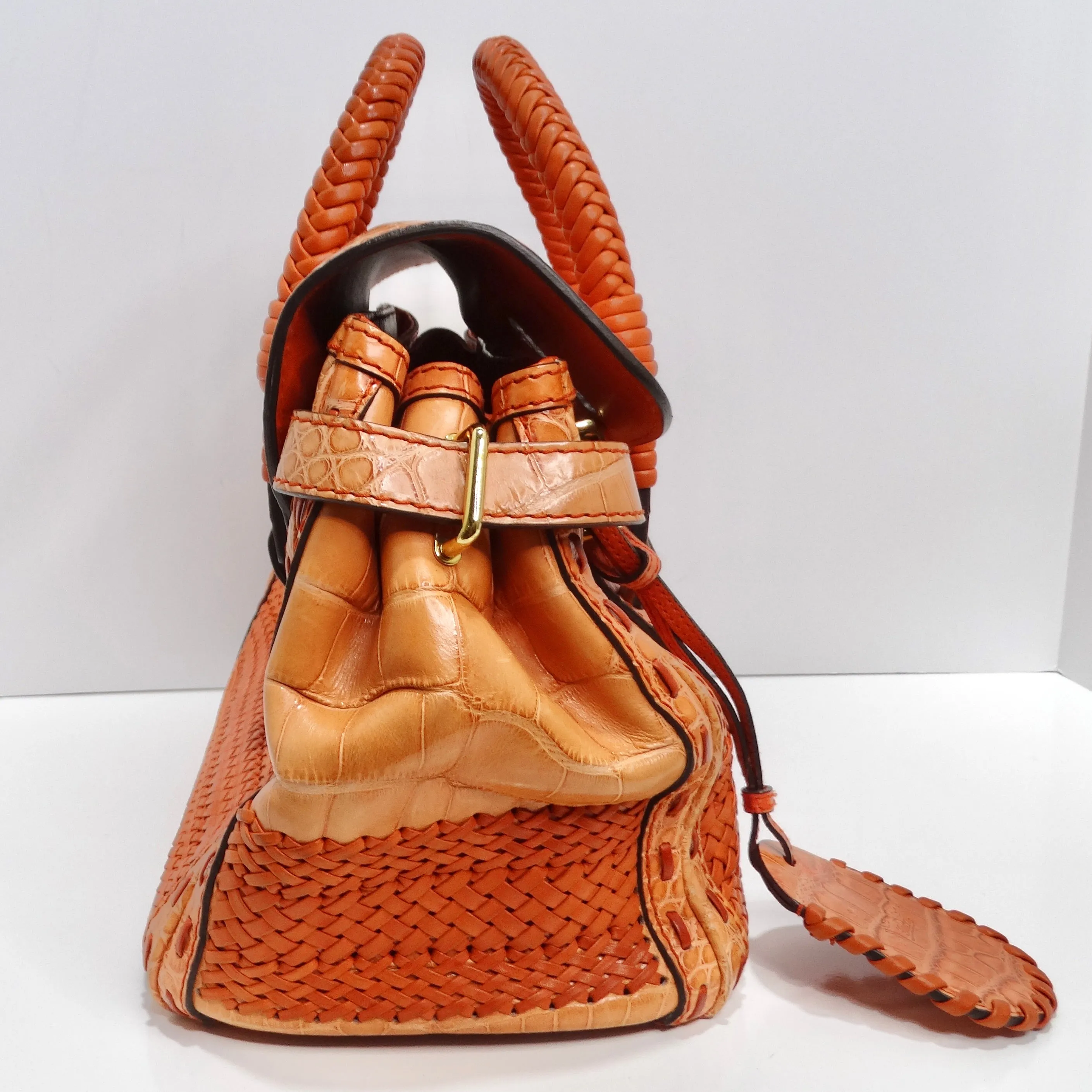 Gucci Rare Orange Crocodile Leather Woven Top Handle Bag