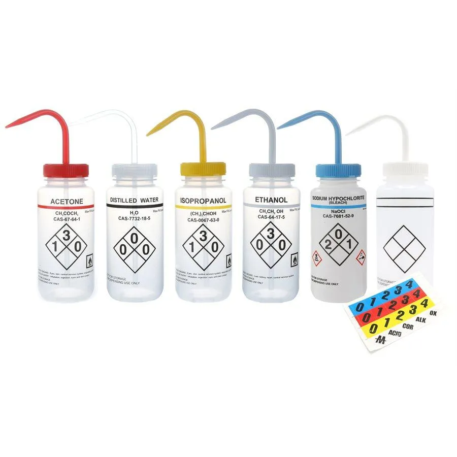 Heathrow Scientific 120245 Wash Bottles Color-Coded, Wide Mouth, 500 mL, Clear/White