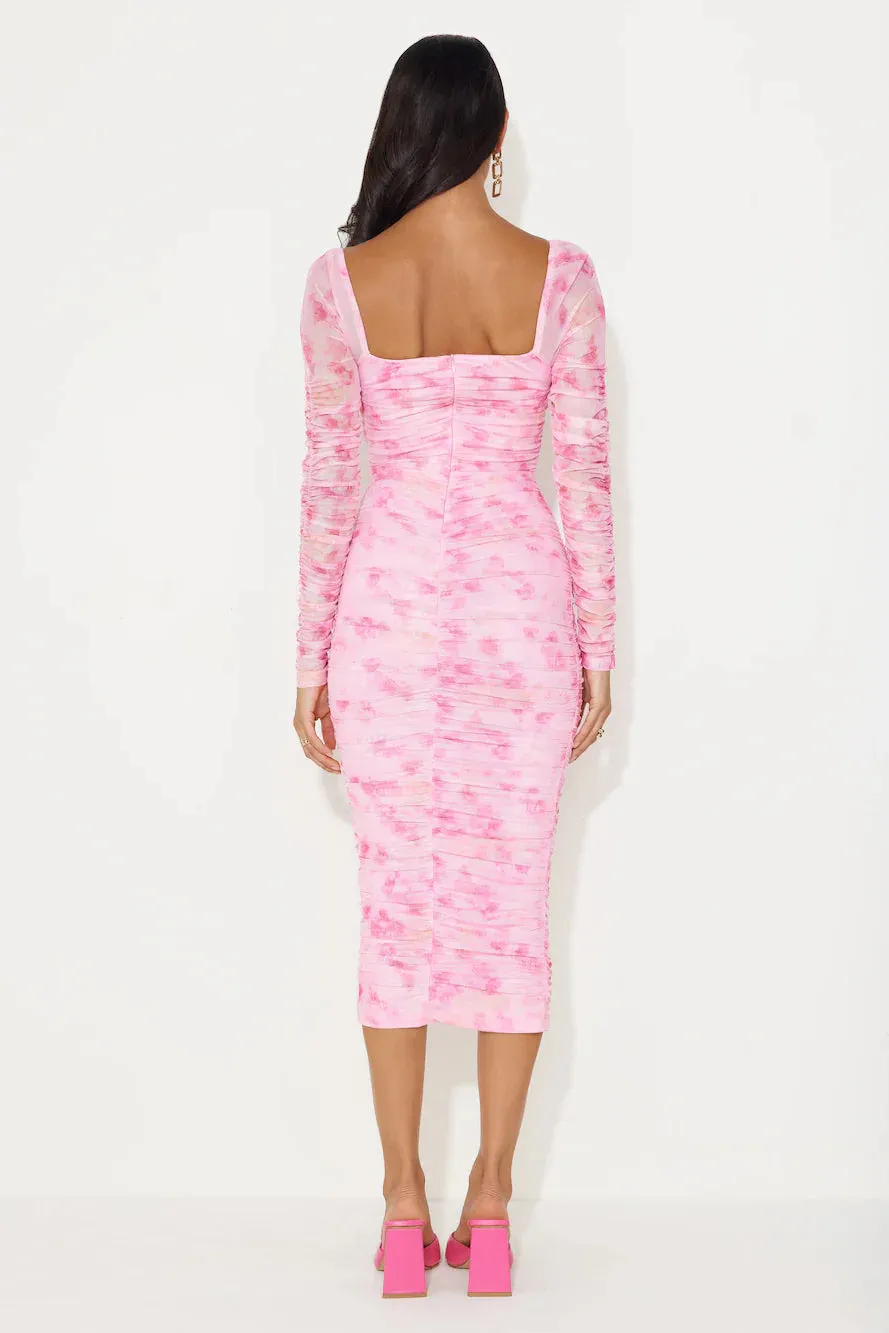 Hey There Gorg Long Sleeve Mesh Midi Dress Pink