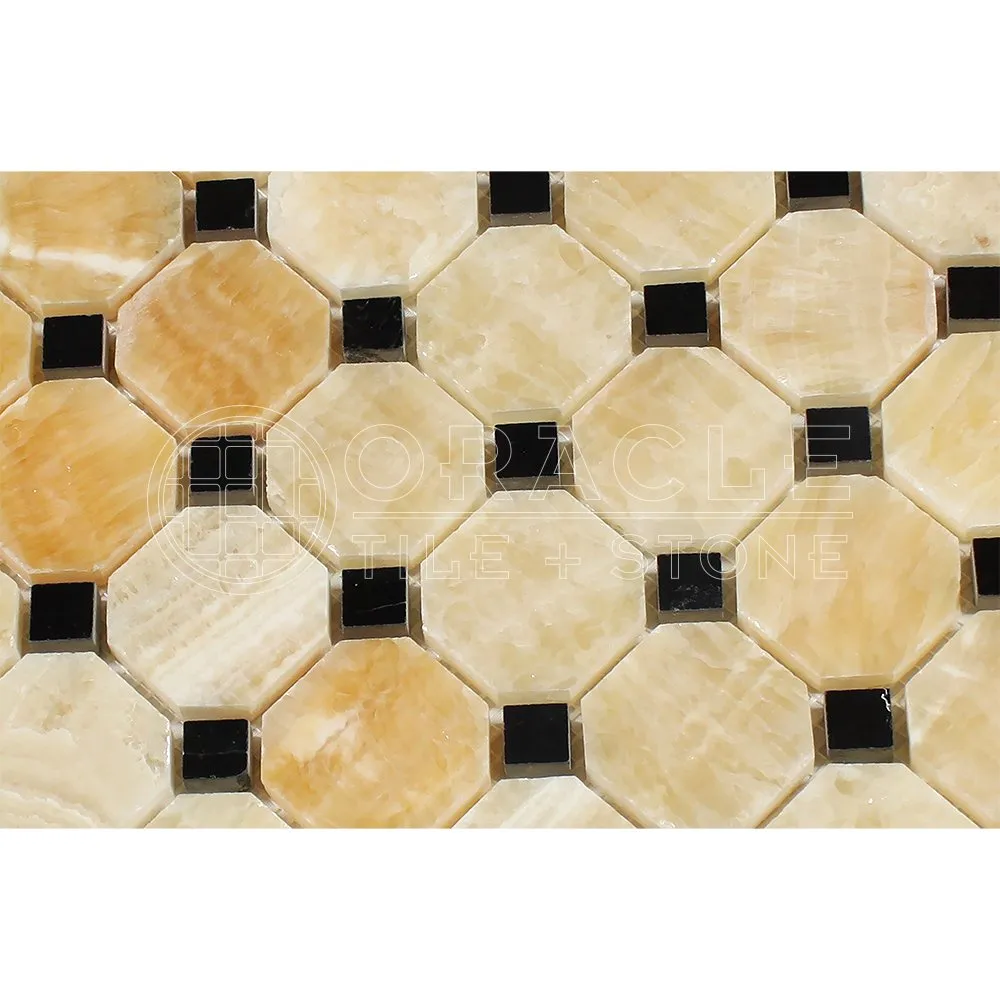 Honey Onyx Octagon Mosaic Tile with Black Marble Dots, Polished