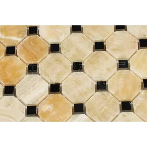 Honey Onyx Octagon Mosaic Tile with Black Marble Dots, Polished